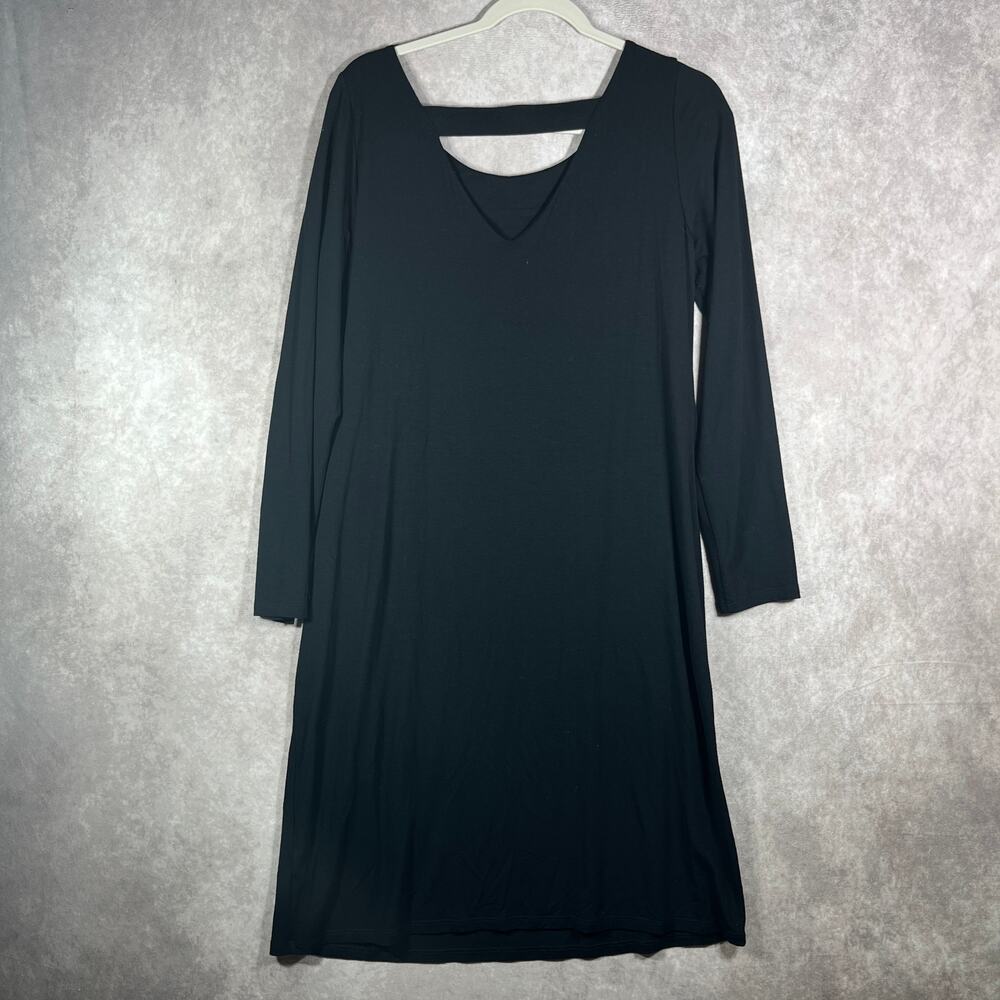 Eileen Fisher Dress Womens Medium Black Long Sleeve‎ V-Neck Knit Stretch Shift